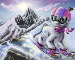 Size: 5000x4000 | Tagged: absurd resolution, artist:vittorionobile, clothes, cute, derpibooru import, double dawwmond, double diamond, epic, goggles, happy, helmet, mountain, safe, scarf, scenery, skiing, skis, snow, solo, the cutie map