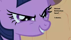 Size: 1280x720 | Tagged: bedroom eyes, derpibooru import, edit, edited screencap, extinction, female, screencap, secret of my excess, smiling, solo, solo female, suggestive, text, twilight sparkle