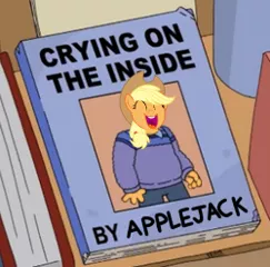 Size: 250x247 | Tagged: applejack, applejack cries on the inside, book, crying inside, derpibooru import, edit, edited edit, safe, tanks for the memories, the simpsons