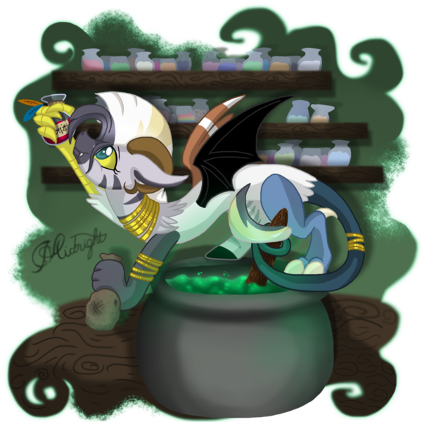 Size: 1024x1024 | Tagged: artist:midnightsketches, cauldron, derpibooru import, draconequus, oc, oc:jinx, offspring, parent:discord, parents:zecord, parent:zecora, safe, solo, unofficial characters only