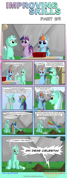 Size: 2480x6585 | Tagged: safe, artist:bcrich40, derpibooru import, lyra heartstrings, rainbow dash, twilight sparkle, pegasus, pony, unicorn, comic:improving skills, comic, dialogue, female, hammer, implied scat, implied urine, improving skills, mare, mouth hold, sitting, unicorn twilight