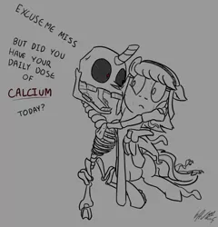 Size: 898x937 | Tagged: artist:bubsakavermin, calcium, derpibooru import, doot, eldritch abomination, fear, grayscale, /mlp/, monochrome, neo noir, oc, oc:skelly bones, oc:thingpone, partial color, >rape, safe, scared, skeleton, sweat, teeth, tentacles, the thing, unofficial characters only