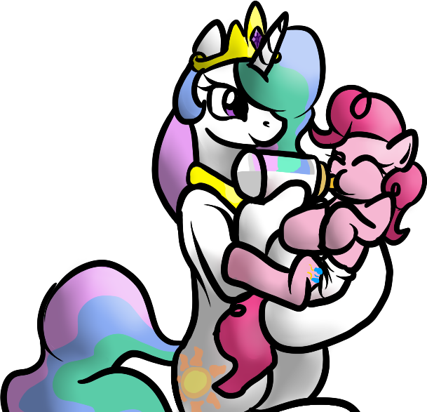 Size: 609x587 | Tagged: adult foal, artist:pidgopidgey, baby bottle, bottle, bottle feeding, cute, derpibooru import, diaper, diaper fetish, momlestia, pinkie pie, poofy diaper, princess celestia, questionable, super crinkle pony adventure 64