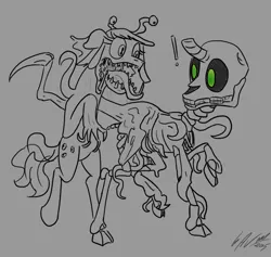 Size: 896x848 | Tagged: artist:bubsakavermin, assimilation, derpibooru import, drool, eldritch abomination, grayscale, /mlp/, monochrome, neo noir, oc, oc:skelly bones, oc:thingpone, partial color, semi-grimdark, skeleton, teeth, tentacles, tentacle tongue, the thing, unofficial characters only