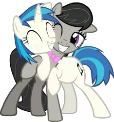 Size: 931x996 | Tagged: safe, artist:warpout, derpibooru import, octavia melody, vinyl scratch, earth pony, pony, unicorn, bowtie, cute, cutie mark, eyes closed, female, grin, hooves, horn, hug, lesbian, mare, nuzzling, one eye closed, scratchtavia, shipping, simple background, smiling, teeth, transparent background, vector, wink