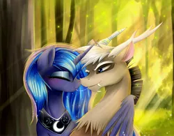 Size: 5000x3900 | Tagged: safe, artist:magnaluna, derpibooru import, discord, princess luna, alicorn, firefly (insect), :p, absurd resolution, blushing, crepuscular rays, cute, discute, drool, drool string, eyes closed, eyeshadow, fangs, female, forest, hug, lunacord, male, mare, shipping, smiling, straight, tongue out, tree, winghug, younger