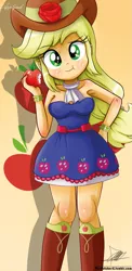 Size: 645x1321 | Tagged: safe, artist:the-butch-x, derpibooru import, applejack, equestria girls, apple, armpits, bare shoulders, beautiful, beautiful x, boots, bracelet, breasts, clothes, cowboy boots, cute, dress, eating, fall formal outfits, female, hand on hip, jackabetes, jewelry, sleeveless, smiling, solo, strapless