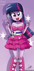 Size: 645x1321 | Tagged: safe, artist:the-butch-x, derpibooru import, twilight sparkle, twilight sparkle (alicorn), equestria girls, armpits, bare shoulders, beautiful, beautiful x, boots, breasts, busty twilight sparkle, cleavage, clothes, cute, dress, fall formal outfits, female, high heel boots, looking at you, open mouth, peace sign, sleeveless, smiling, solo, sparkles, strapless, twiabetes, twilight ball dress