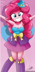 Size: 648x1321 | Tagged: safe, artist:the-butch-x, derpibooru import, pinkie pie, equestria girls, armpits, balloon, bare shoulders, beautiful, beautiful x, boots, breasts, cleavage, clothes, cute, diapinkes, dress, fall formal outfits, female, grin, hat, high heel boots, sleeveless, smiling, solo, strapless, top hat