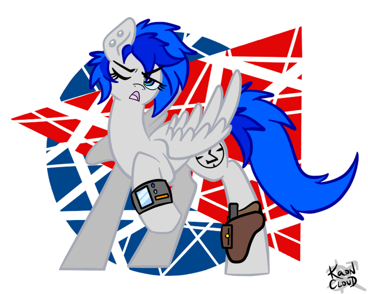 Size: 772x616 | Tagged: abstract background, artist:kaon cloud, backwards cutie mark, commission, derpibooru import, fallout equestria, gun, handgun, holster, oc, oc:sapphire sights, open mouth, pipbuck, pistol, safe, unofficial characters only, weapon