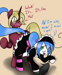 Size: 830x1000 | Tagged: artist:fullmetalpikmin, blood, clothes, derpibooru import, eyes on the prize, maid, nosebleed, oc, oc:flask, oc:mal, safe, socks, striped socks, unofficial characters only