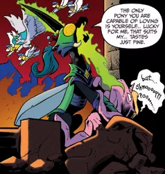 Size: 687x722 | Tagged: safe, artist:andypriceart, derpibooru import, idw, emperor incitatus, princess celestia, queen chrysalis, alicorn, changeling, pegasus, pony, fiendship is magic, spoiler:comic, spoiler:comicfiendshipismagic5, armor, changeling feeding, comic, draining, helmet, horn, nightmare fuel, royal guard, you know for kids