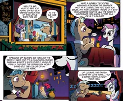 Size: 924x759 | Tagged: safe, artist:andypriceart, derpibooru import, idw, 8-bit (character), rarity, unnamed character, unnamed pony, pegasus, pony, unicorn, spoiler:comic, spoiler:comicfiendshipismagic5, ..., and then there's rarity, background pony, candle, clothes, collar, dress, eyes closed, female, flower, glowing horn, horn, levitation, magic, magic aura, male, mare, necktie, onomatopoeia, rarity being rarity, restaurant, sleeping, sound effects, stallion, telekinesis, the ritzy hay bale, zzz