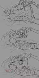 Size: 1000x1979 | Tagged: adoracreepy, anonymous, artist:bubsakavermin, bondage, boop, comic, creepy, cute, derpibooru import, eldritch abomination, eyes closed, grayscale, /mlp/, monochrome, monstrously cute, oc, oc:anon, oc:thingpone, open mouth, partial color, prank, semi-grimdark, slime, smiling, spider, spider web, teeth, the thing, tied up, trapped, unofficial characters only, vulgar, wat, welp