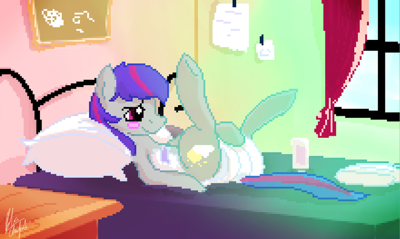 Size: 1321x791 | Tagged: questionable, artist:edrian, derpibooru import, oc, oc:daydream, unofficial characters only, bedroom, diaper, diaper change, diaper fetish, diapering, image, jpeg, pixel art, solo