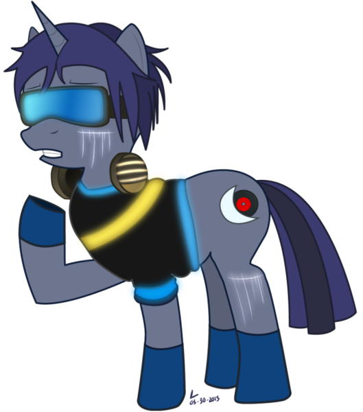 Size: 600x680 | Tagged: safe, artist:lirodon, derpibooru import, oc, oc:obscurus noctis, unofficial characters only, pony, unicorn, clothes, glow, goggles, headphones, solo, trotmania