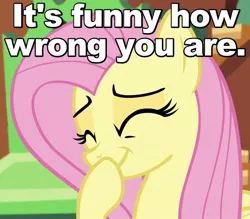 Size: 640x560 | Tagged: caption, cute, derpibooru import, edit, edited screencap, eyes closed, fluttershy, giggling, image macro, laughing, raised hoof, reaction image, safe, screencap, smiling, solo, tanks for the memories