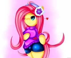 Size: 3426x2816 | Tagged: anthro, artist:jcace, breasts, busty fluttershy, clothes, derpibooru import, earmuffs, eyestrain warning, female, fluttershy, needs more saturation, safe, solo, sweatershy, wink