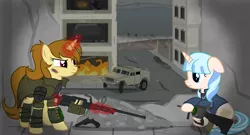 Size: 10000x5400 | Tagged: safe, artist:mrlolcats17, derpibooru import, oc, oc:katya ironstead, oc:opuscule antiquity, unofficial characters only, alicorn, pony, unicorn, fallout equestria, absurd resolution, gun, pkm, pkt, revolver, steyr aug