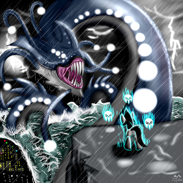 Size: 1280x1280 | Tagged: safe, artist:paulpeopless, derpibooru import, oc, oc:paulpeoples, unofficial characters only, kraken, pony, big, epic, fight, macro, magic, monster, necromancer, necromancy, rain, sea monster, skull