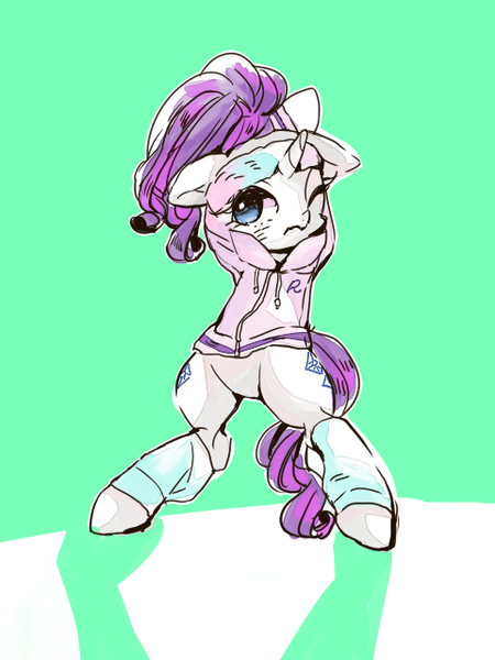 Size: 480x640 | Tagged: safe, artist:wan, derpibooru import, rarity, pony, bipedal, clothes, solo, stretching