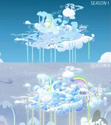 Size: 771x868 | Tagged: art evolution, background, city, cloud, cloudsdale, comparison, derpibooru import, edit, edited screencap, no pony, rainbow, rainbow waterfall, safe, scenery, screencap, season 1, season 5, tanks for the memories, weather factory