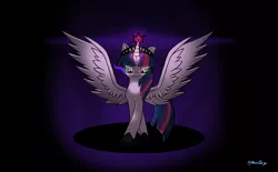 Size: 3485x2155 | Tagged: safe, artist:djmoonray, derpibooru import, twilight sparkle, twilight sparkle (alicorn), alicorn, pony, commission, corrupted, corrupted twilight sparkle, crown, dark magic, female, green eyes, magic, mare, signature, solo, sombra eyes, spread wings