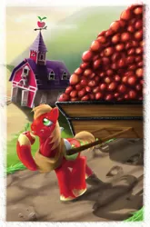 Size: 1370x2080 | Tagged: safe, artist:baitoubaozou, derpibooru import, big macintosh, earth pony, pony, apple, barn, cart, eating, male, solo, stallion