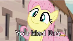 Size: 480x270 | Tagged: safe, derpibooru import, edit, edited screencap, screencap, fluttershy, pegasus, pony, season 5, caption, cute, u mad, you mad bro