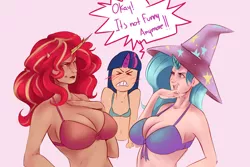 Size: 4020x2690 | Tagged: artist:sundown, belly button, bra, breast envy, breasts, busty sunset shimmer, busty trixie, cleavage, clothes, counterparts, delicious flat chest, derpibooru import, elf ears, female, females only, flatlight sparkle, hat, horned humanization, human, humanized, magical trio, nudity, simple background, suggestive, sunset shimmer, trixie, trixie's hat, twilight's counterparts, twilight sparkle, underwear, wizard hat