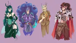 Size: 4000x2251 | Tagged: safe, artist:sundown, derpibooru import, discord, king sombra, nightmare moon, queen chrysalis, human, antagonist, armor, black lipstick, breasts, busty queen chrysalis, clothes, elf ears, female, horned humanization, humanized, light skin, lipstick, simple background, suit, sword