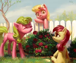 Size: 3988x3329 | Tagged: safe, artist:holivi, derpibooru import, daisy, flower wishes, lily, lily valley, roseluck, earth pony, pony, eyes closed, female, fence, flower, flower in hair, flower trio, mare, rose, smiling