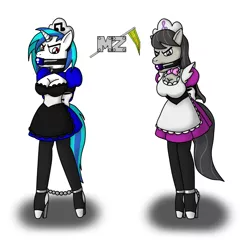 Size: 1280x1247 | Tagged: ankle cuffs, anthro, artist:metalzaki, ballet boots, ballgag, bondage, box tied, clothes, derpibooru import, gag, horn ring, magic suppression, maid, octavia melody, suggestive, vinyl scratch