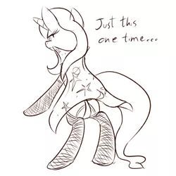 Size: 1280x1280 | Tagged: suggestive, artist:emberkaese, derpibooru import, trixie, pony, bipedal, clothes, dialogue, female, fishnets, from behind, lingerie, monochrome, panties, solo, solo female, stockings, underwear