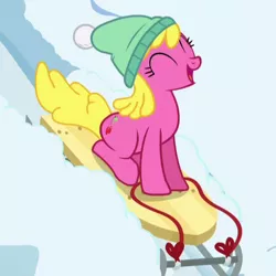 Size: 450x450 | Tagged: safe, derpibooru import, screencap, cherry berry, pony, tanks for the memories, background pony, cherrybetes, cute, eyes closed, fun, hat, open mouth, sled, sledding, snow, solo, winter