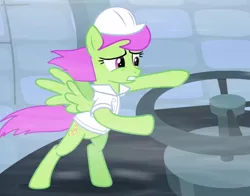 Size: 700x550 | Tagged: safe, derpibooru import, screencap, merry may, pegasus, pony, tanks for the memories, background pony, clothes, cropped, damage control, female, hard hat, hat, mare, shirt, solo, uniform, weather factory, weather factory uniform, wind, working, worried