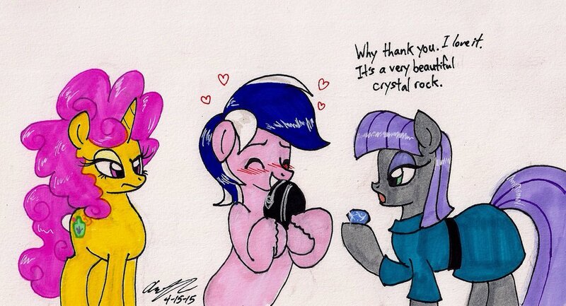 Size: 1024x554 | Tagged: artist:newyorkx3, blushing, derpibooru import, dialogue, diamond, heart, kakey, maud pie, oc, oc:karen, oc:mikey, safe, simple background, traditional art