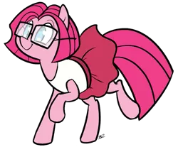 Size: 703x583 | Tagged: artist:egophiliac, clothes, cute, derpibooru import, diane, glasses, pinkie clone, pinkie pie, safe, simple background, skirt, solo, the clone that got away, transparent background