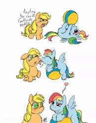 Size: 800x1030 | Tagged: safe, artist:fluffsplosion, derpibooru import, applejack, rainbow dash, fluffy pony, appledash, applefluff, ball, blushing, female, fluffydash, lesbian, licking, request, shipping