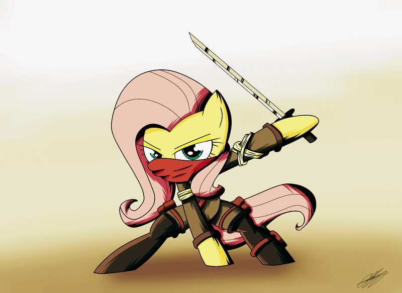 Size: 2202x1606 | Tagged: artist:therandomjoyrider, badass, badass adorable, clothes, cute, derpibooru import, flutterbadass, fluttershy, kunoichi, ninja, ninjato, safe, solo