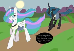 Size: 1000x683 | Tagged: artist:koportable, blushing, chryslestia, derpibooru import, dialogue, eyes on the prize, princess celestia, queen chrysalis, running, safe, shipping, tennis