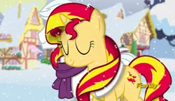 Size: 1201x690 | Tagged: safe, artist:shutterflyeqd, derpibooru import, double diamond, sunset shimmer, pony, clothes, crack shipping, discovery family logo, doubleset, fake screencap, female, male, ponyville, scarf, shipping, snow, snowfall, straight, why