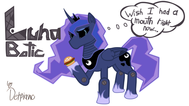 Size: 1920x1080 | Tagged: safe, artist:derpiano, artist:mydogcarla, derpibooru import, princess luna, pony, robot, robot pony, burger, colored, food, hamburger, lunabotic, simple background, solo, transparent background, vector