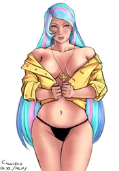 Size: 587x840 | Tagged: artist:asadama, artist:eve-ashgrove, belly button, black underwear, breasts, busty princess celestia, cleavage, clothes, colored, derpibooru import, female, human, humanized, necklace, nudity, panties, princess celestia, seductive look, seductive pose, sexy, solo, solo female, stripping, stupid sexy celestia, suggestive, thong, underwear