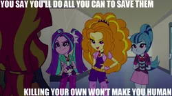 Size: 1280x714 | Tagged: safe, derpibooru import, editor:scrounge, screencap, adagio dazzle, aria blaze, sonata dusk, sunset shimmer, equestria girls, rainbow rocks, exploitable meme, image macro, meme, song reference, the dazzlings, the megas