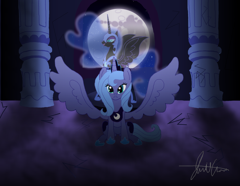 Size: 2200x1700 | Tagged: artist:lunara-nightjewel, castle of the royal pony sisters, derpibooru import, duality, mare in the moon, moon, nightmare moon, princess luna, s1 luna, safe