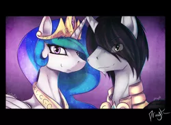 Size: 1200x880 | Tagged: safe, artist:dragk, derpibooru import, princess celestia, oc, oc:dragk, alicorn, pony, alicorn oc, armor, canon x oc, dragkestia, female, looking at you, male, self insert, shipping, smiling, straight