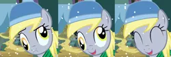 Size: 1646x554 | Tagged: artist needed, source needed, safe, derpibooru import, derpy hooves, pony, beanie, clothes, cute, derpabetes, hat, scarf, silly, silly pony, smiling, snow, snowfall, solo, toque, tuque