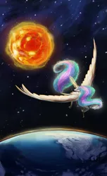 Size: 600x988 | Tagged: safe, artist:basiliskfree, derpibooru import, princess celestia, magic, planet, realistic, solo, space, sun