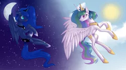 Size: 2000x1120 | Tagged: alicorn, artist:sannykat, derpibooru import, duo, female, flying, jewelry, looking at each other, mare, moon, princess celestia, princess luna, regalia, safe, smiling, sun